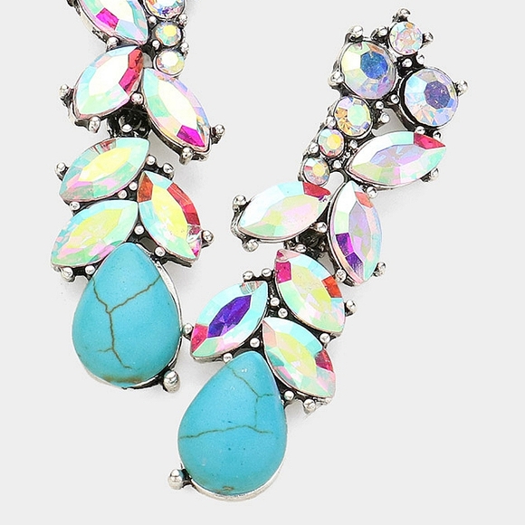 Natural Stone Abalone Silver Cluster Marquise Crystal Dangle Earrings 2 Inch - Picture 2 of 3